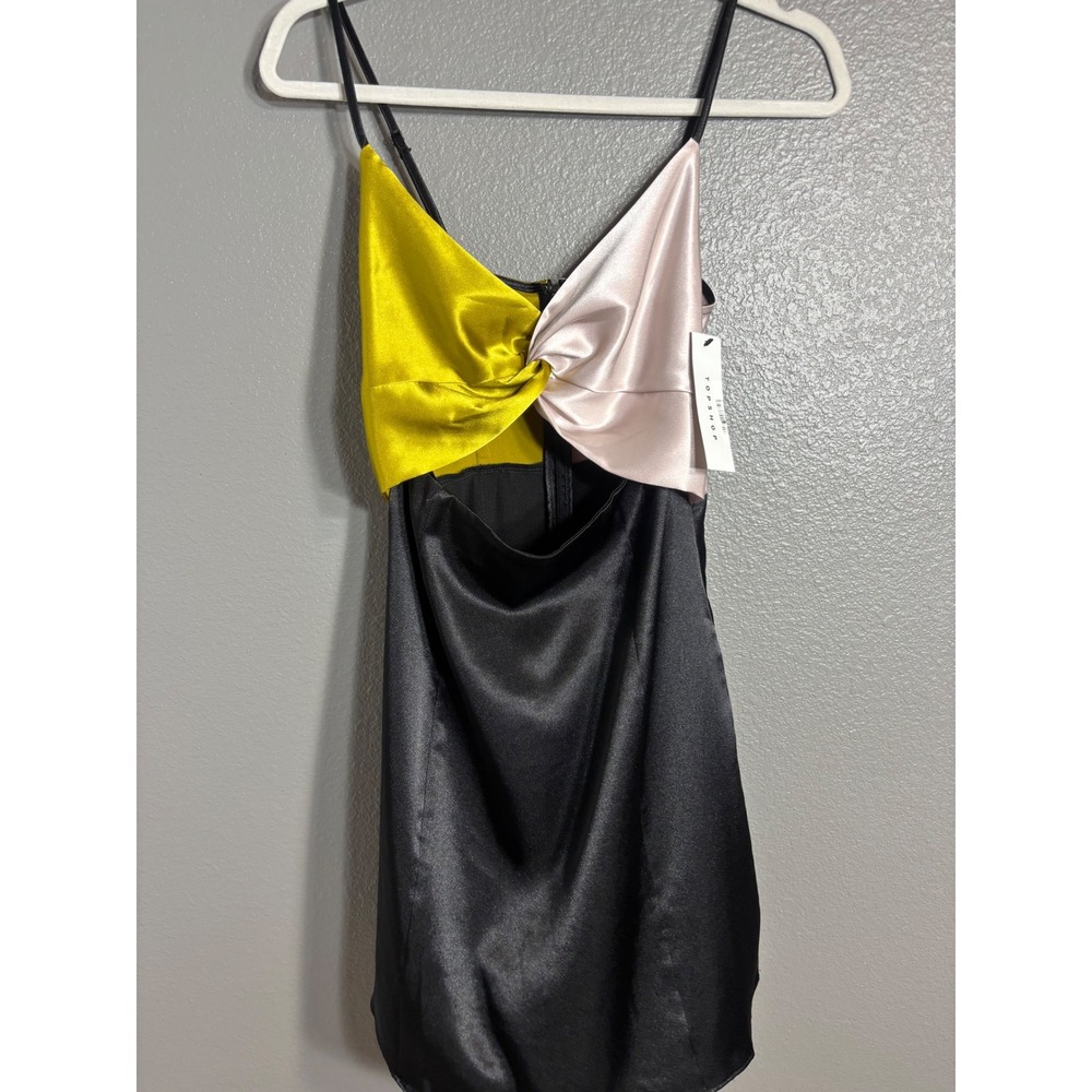 Topshop Satin Colorblock Twist Front Mini Dress Chartreuse beige Black US 2‎ - Picture 7 of 10